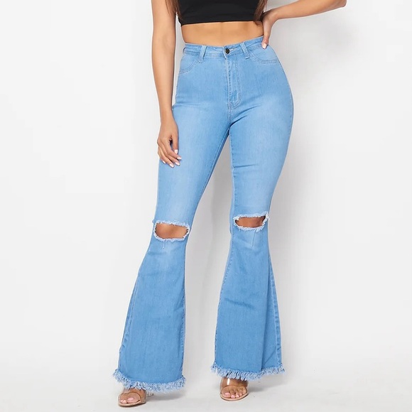 Fashion Nova Denim - Swank A Posh Super High Waisted Slit Distressed Bell Bottoms